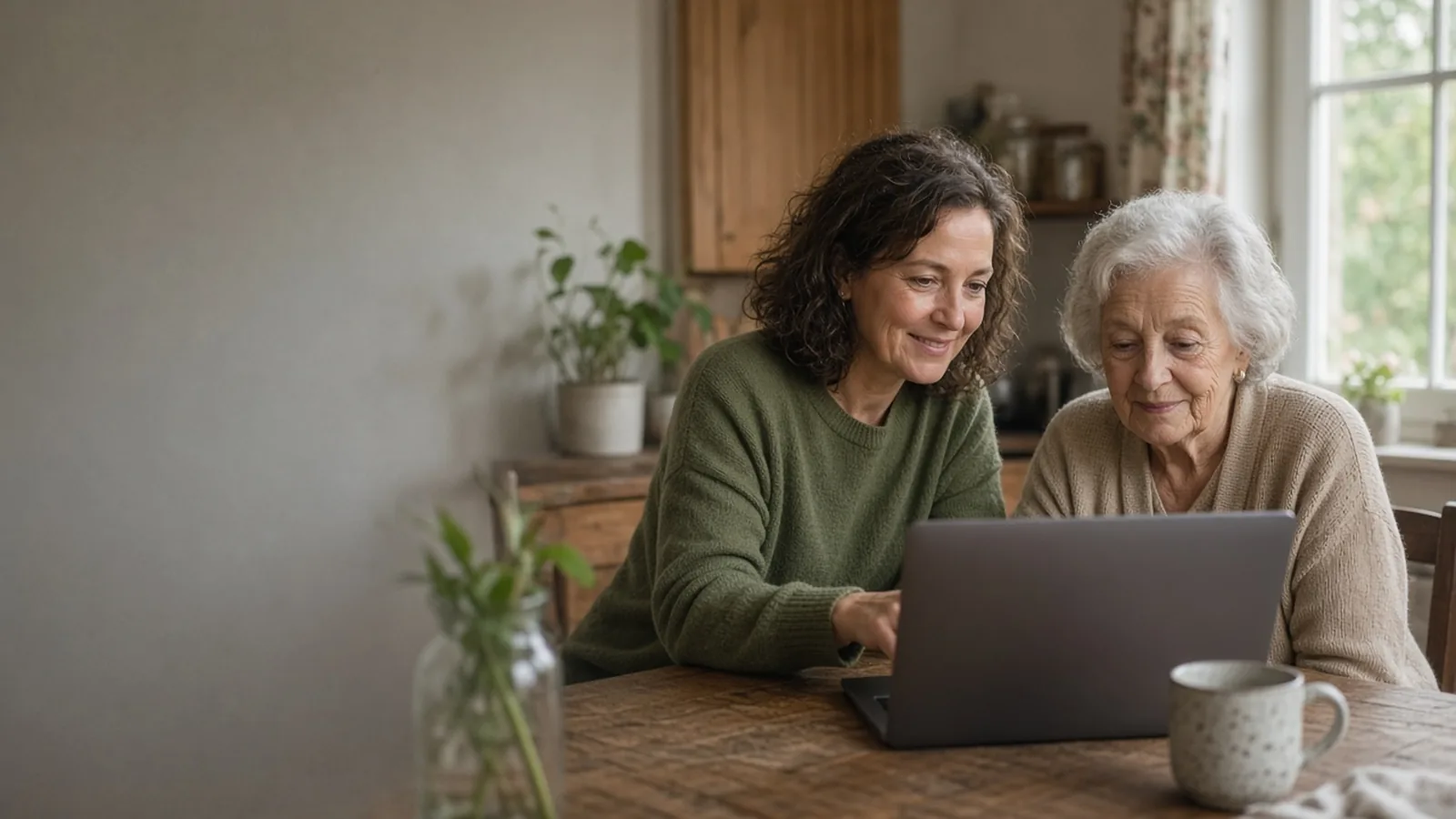 A woman and her elderly mother looking at a laptop together at a kitchen table